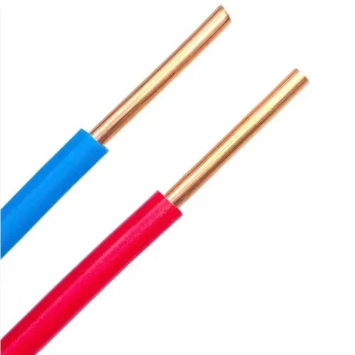 Red and blue single-core wires with exposed copper cores, suitable for functional differentiation in electrical systems