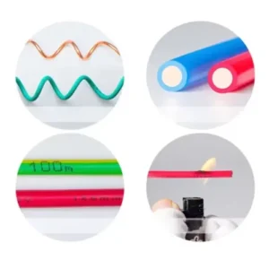 Wire Characteristics Display: Flexibility, Cross-section, Marking, and Flame Retardancy Four images displaying wire characteristics, including flexibility, cross-section, marking, and flame retardancy test