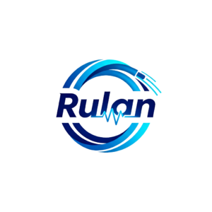 Corporate logo of Rulan International, a cable manufacturer. The dynamic blue design integrates cable transmission and signal elements, highlighting technological attributes.