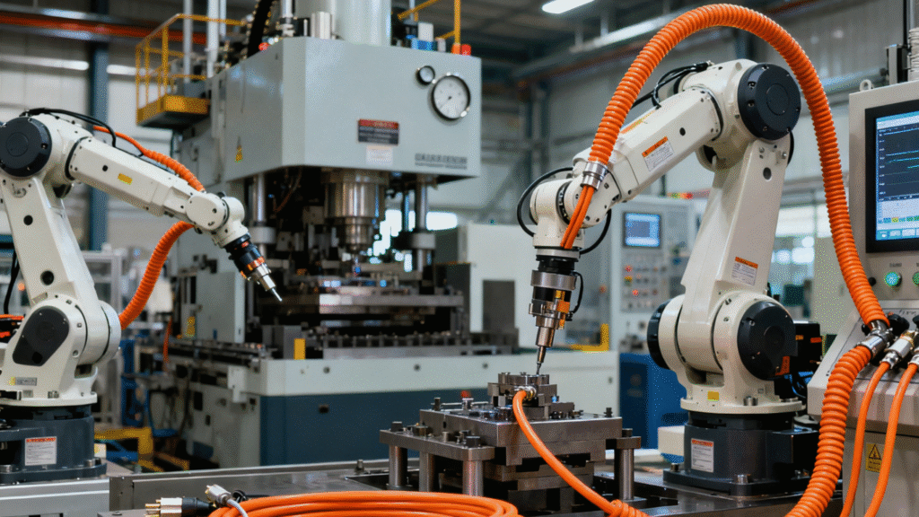 Smart factory: Dual industrial robots performing automated production