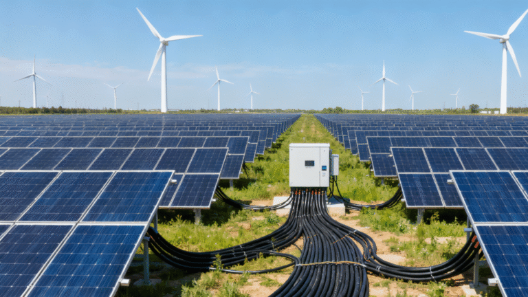Solar-wind hybrid power plant (PV panels + wind turbines)