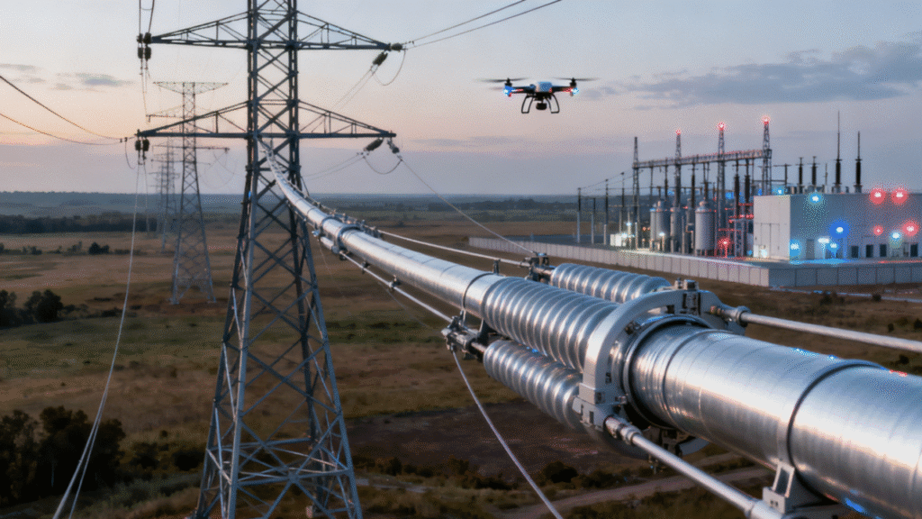 Drone inspecting high-voltage transmission tower & energy conduit