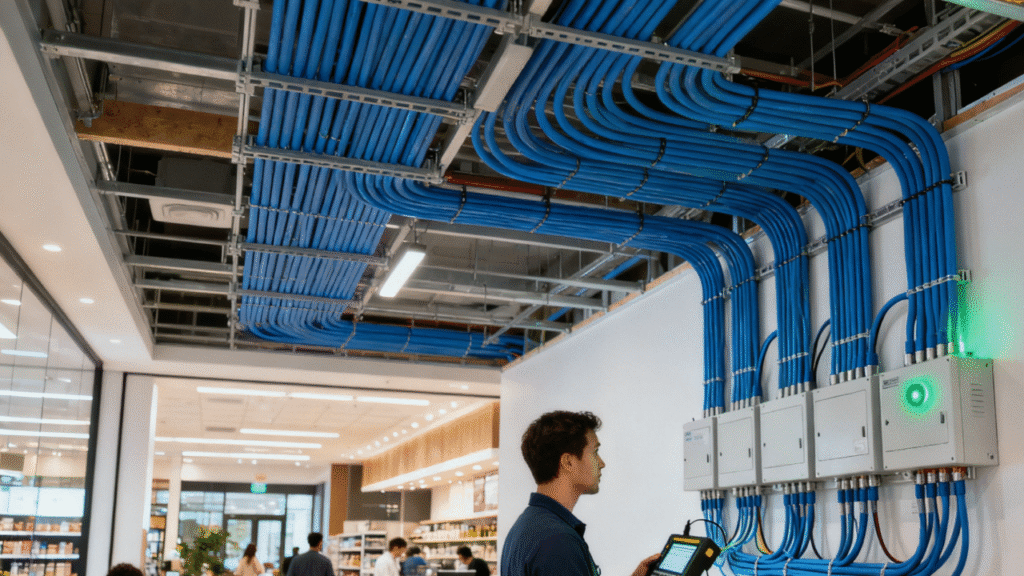 Technician inspecting indoor blue electrical conduit wiring